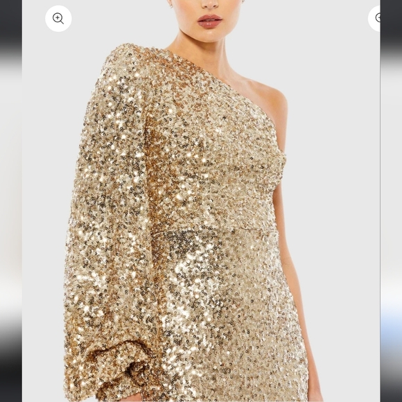 NWT!! IEENA- Mac Duggal,Sequined One Shoulder Bishop Sleeve Trumpet Gown, Gold - Picture 4 of 14